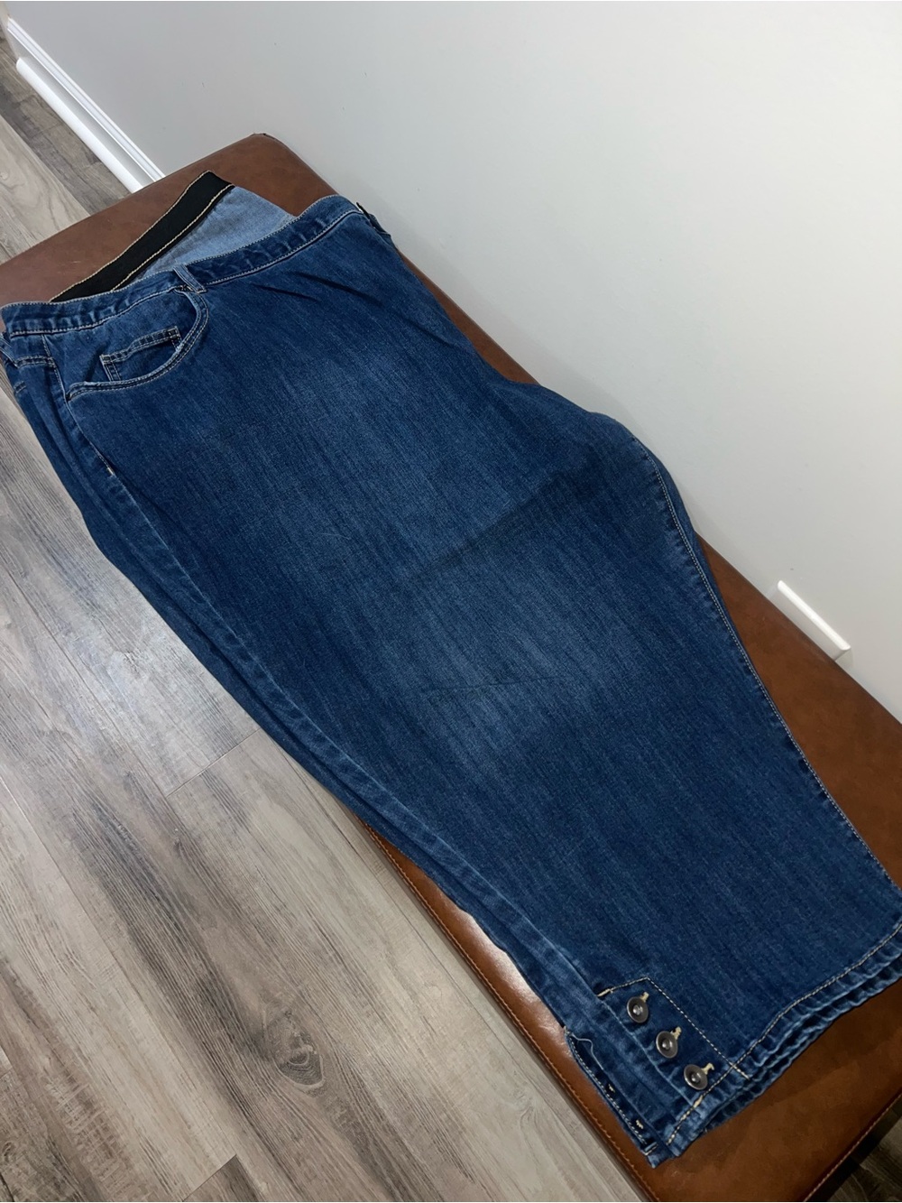 Dark Wash Denim Capris with Button Hem